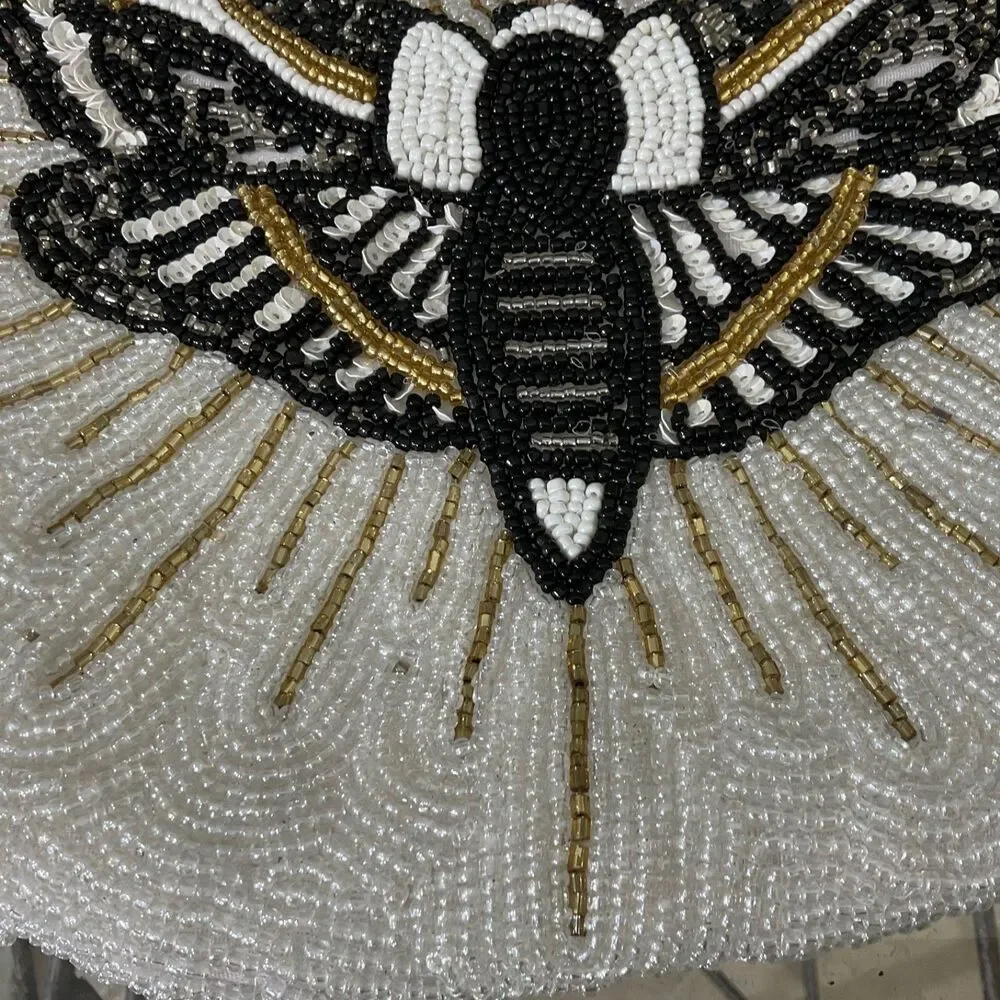 Moth Decorative Round Beaded Pillow cover only Butterfly Blk/wht/gd. Accent 13